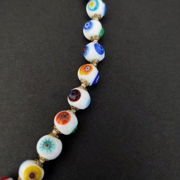 White glass beaded necklace w/multi color designs - Picture 7 of 15